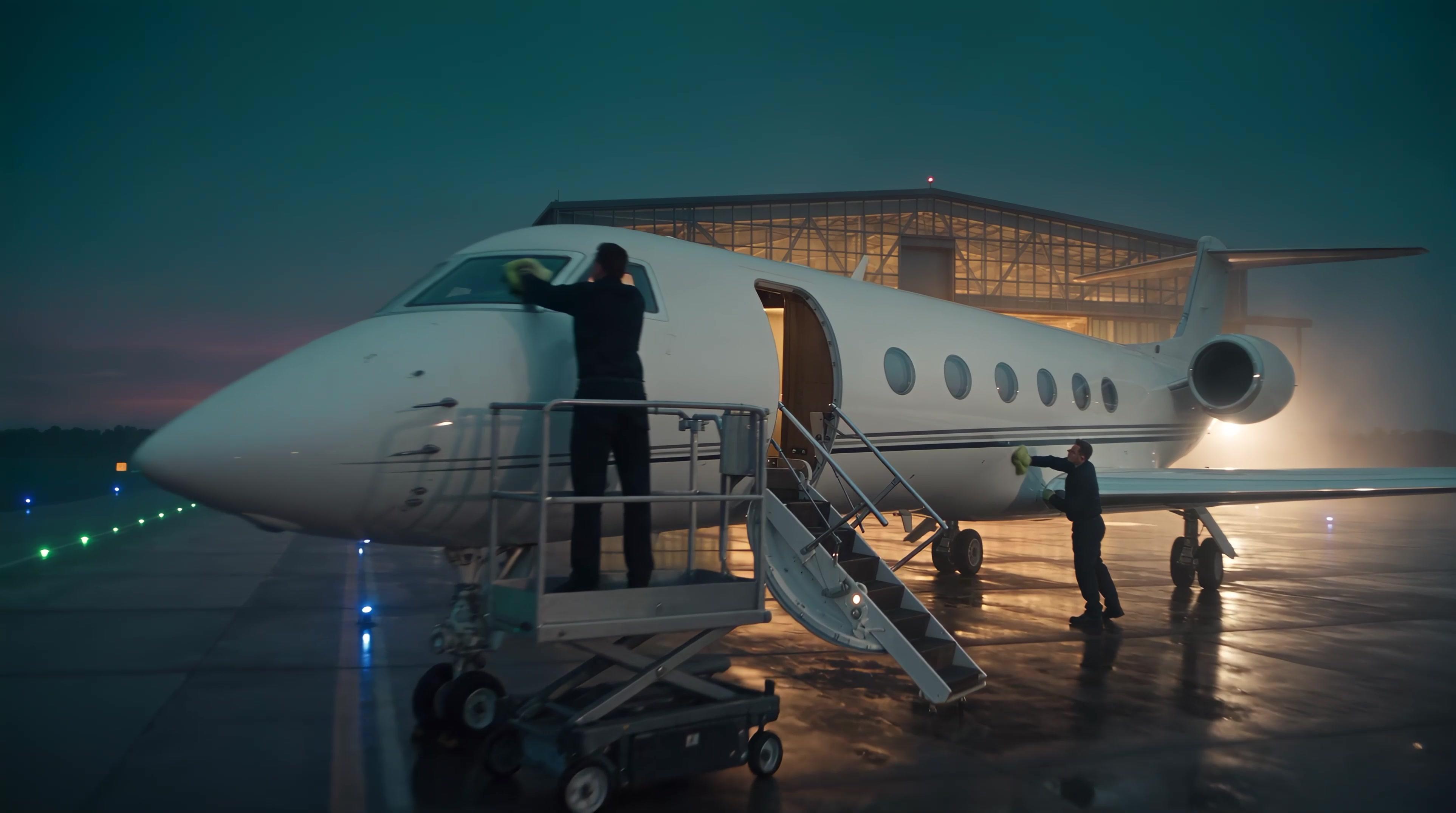 Uniformed technician on a work platform at a business jet windscreen while a second technician works below the wing