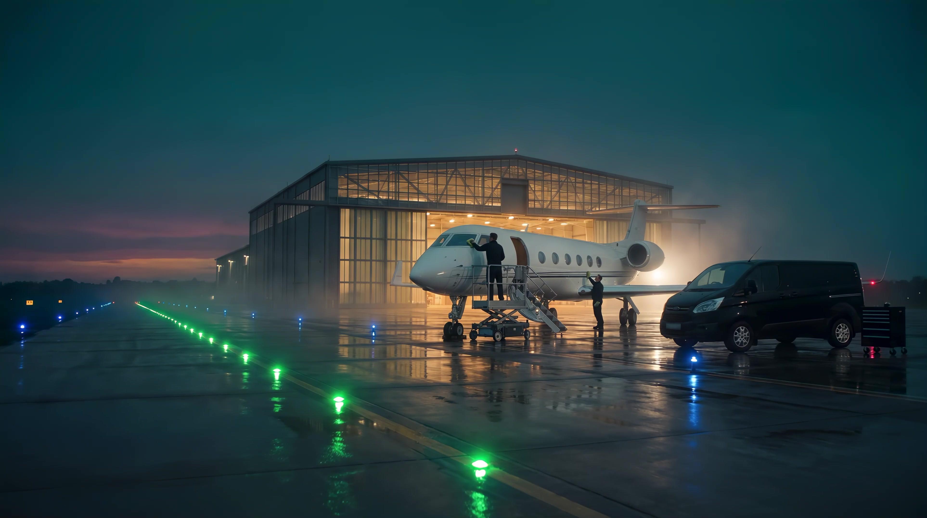 Business jet outside an illuminated hangar at blue hour with a black service van parked beside it